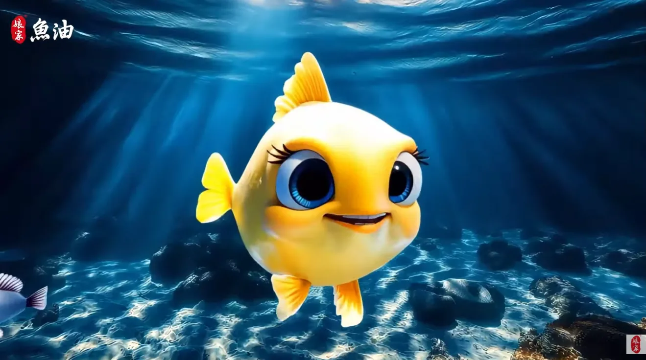 民視娘家魚油品牌影片，一隻擁有大眼睛的可愛黃色卡通小魚，在陽光灑落的深藍色海洋中悠游。