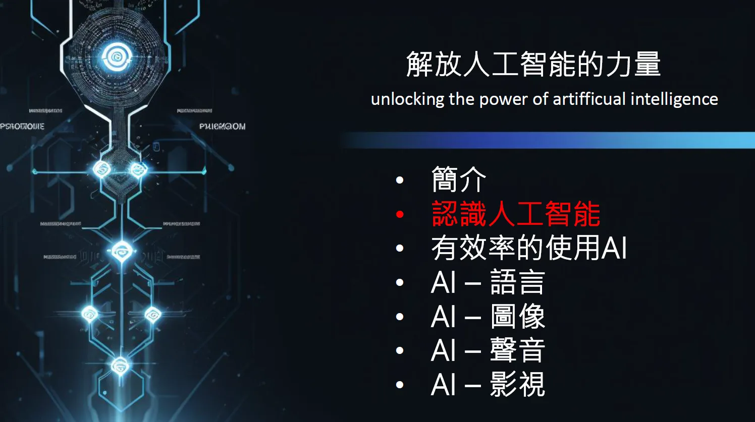 深色背景上呈現發光的科技電路圖騰,右側標題為解放人工智能的力量,下方列出包含 AI 語言、圖像、聲音與影視應用等課程大綱。