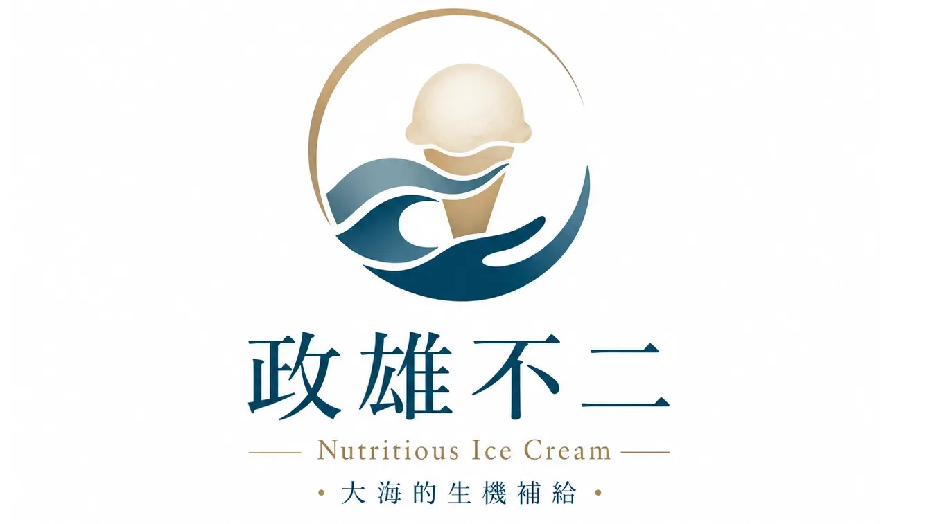 政雄不二品牌標誌，設計結合冰淇淋與海浪元素，象徵大海的生機補給，展現營養冰淇淋的品牌形象。